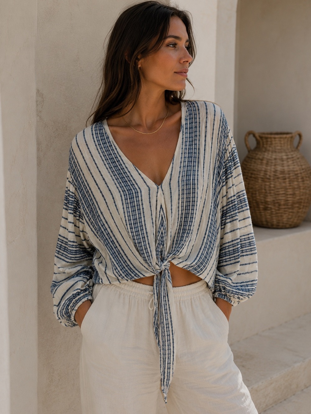 Love Stitch Wrap Tie Blouse Blue Cream Striped Large Boho Cottagecore Top Travel